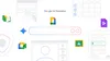 Image of multiple logos representing Google Meet, Classroom, Vids, and more floating around screens representing the tools